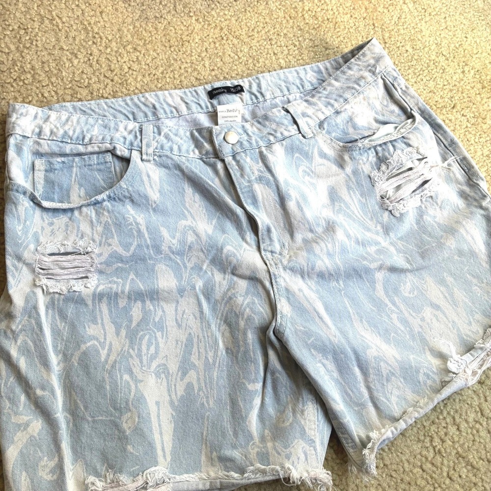 Distressed Marble Cotton Denim Shorts Tie Dye Coastal Boho Womens 38 Waist 14/16